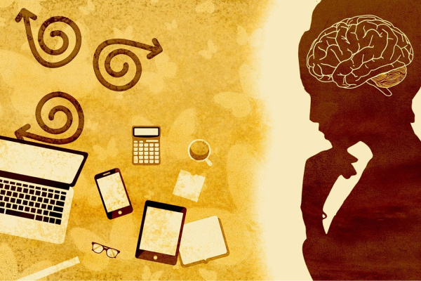 A woman sitting in front of a laptop, deep in thought, with a brain symbolizing thinking.