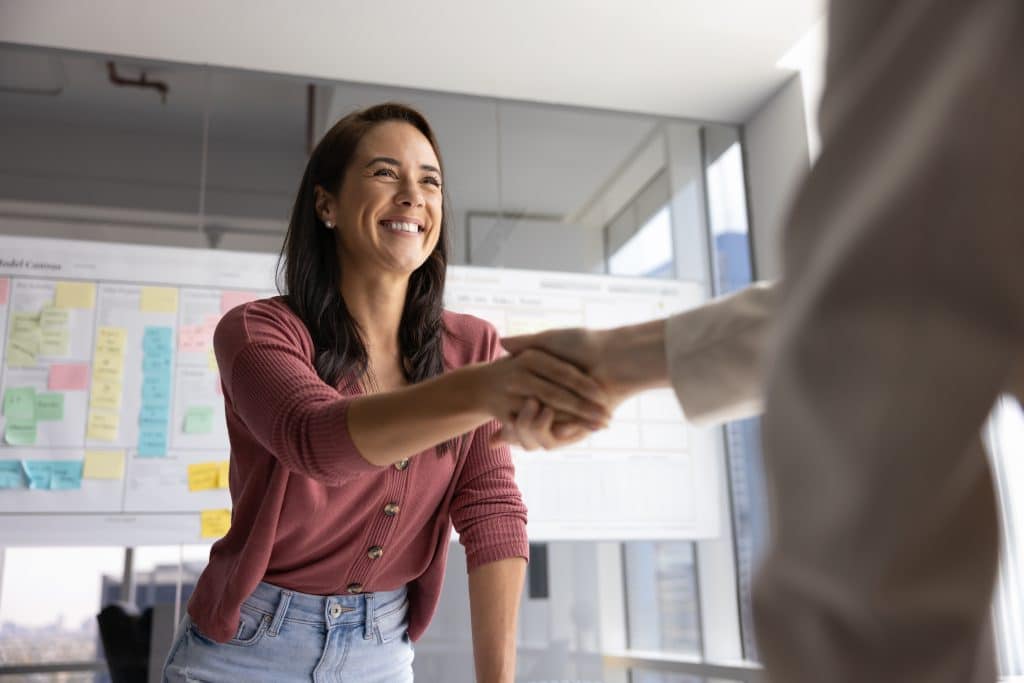 Successful,Partnership,Start.,Smiling,Young,Lady,Job,Seeker,Applicant,Shake